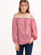 Shein Red Gingham Off The Shoulder Lantern Sleeve Top