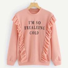 Shein Letter Print Ruffle Trim Textured Sweatshirt