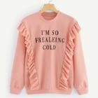 Shein Letter Print Ruffle Trim Textured Sweatshirt