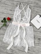 Shein See-through Floral Eyelash Lace Romper With Ribbon