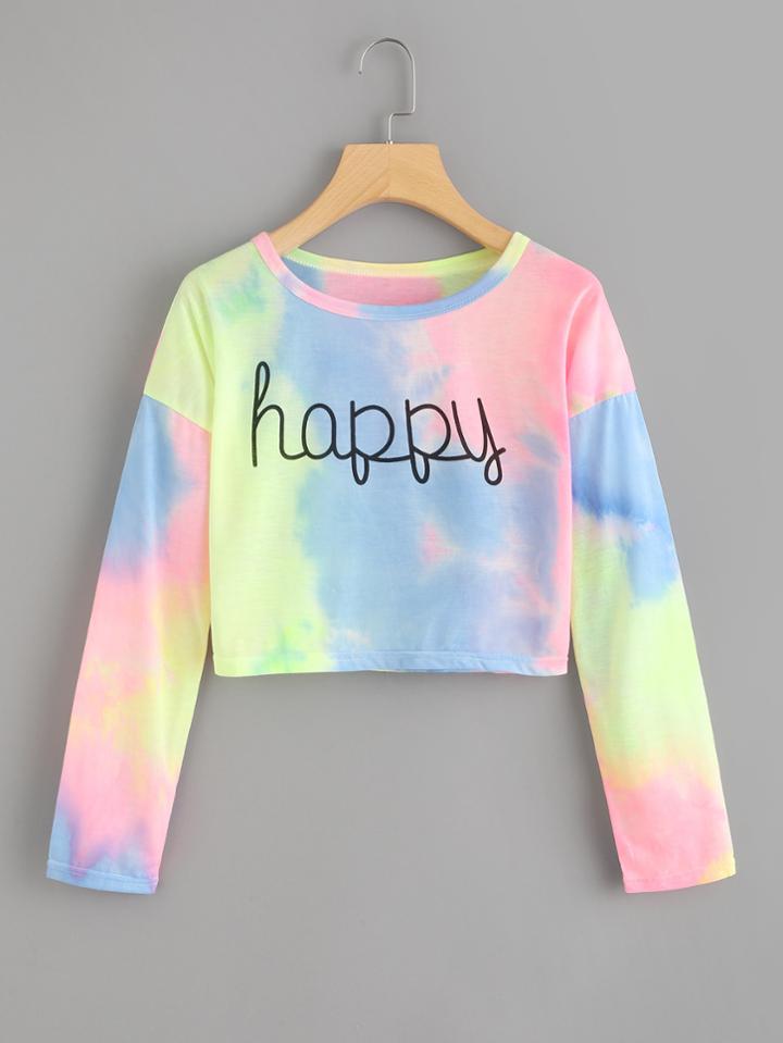Shein Happy Print Water Color Crop Tee