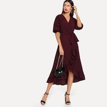 Shein Solid Ruffle Hem Tie Waist Dress