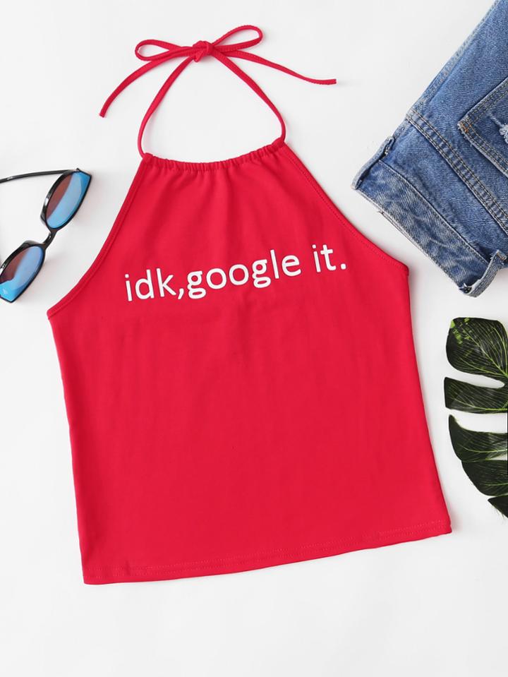 Shein Slogan Print Halterneck Crop Top