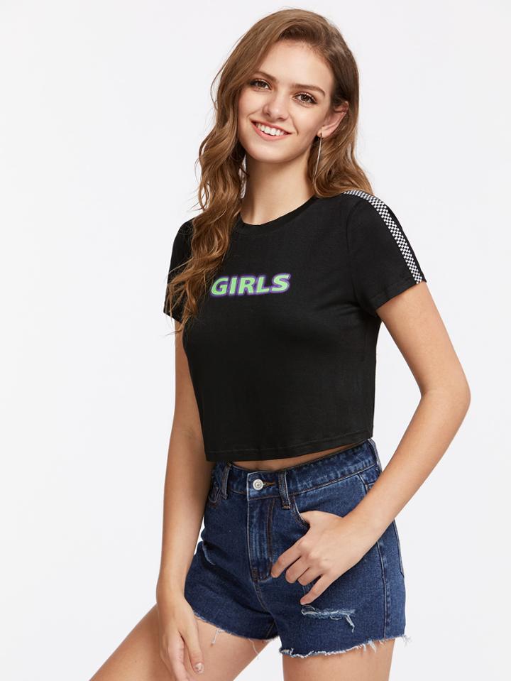 Shein Checkered Detail Sleeve Girls Tee