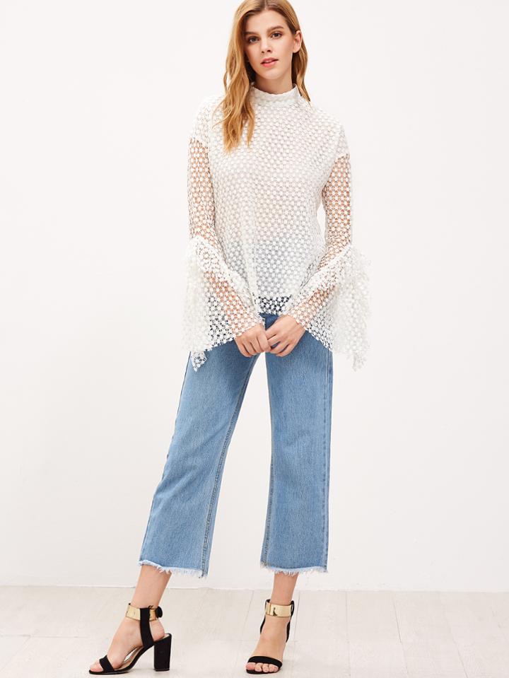 Shein White Buttoned Keyhole Back Bell Sleeve Dotted Crochet Top