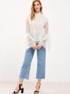 Shein White Buttoned Keyhole Back Bell Sleeve Dotted Crochet Top