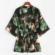 Shein Flamingo Print Self Tie Waist Kimono