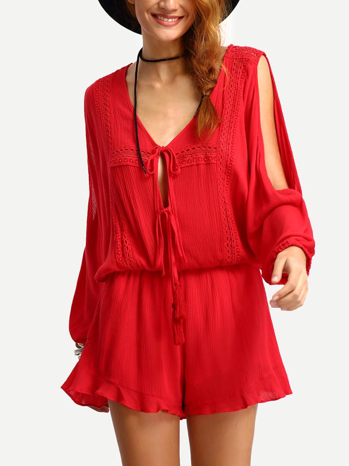 Shein Red Deep V Neck Split Lace Up Romper