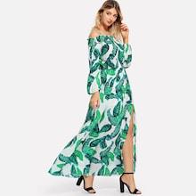 Shein Off Shoulder Belted Tropical Print Dress