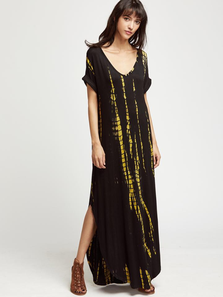 Shein Tie Dye Print Plunge Neck Curved Dress