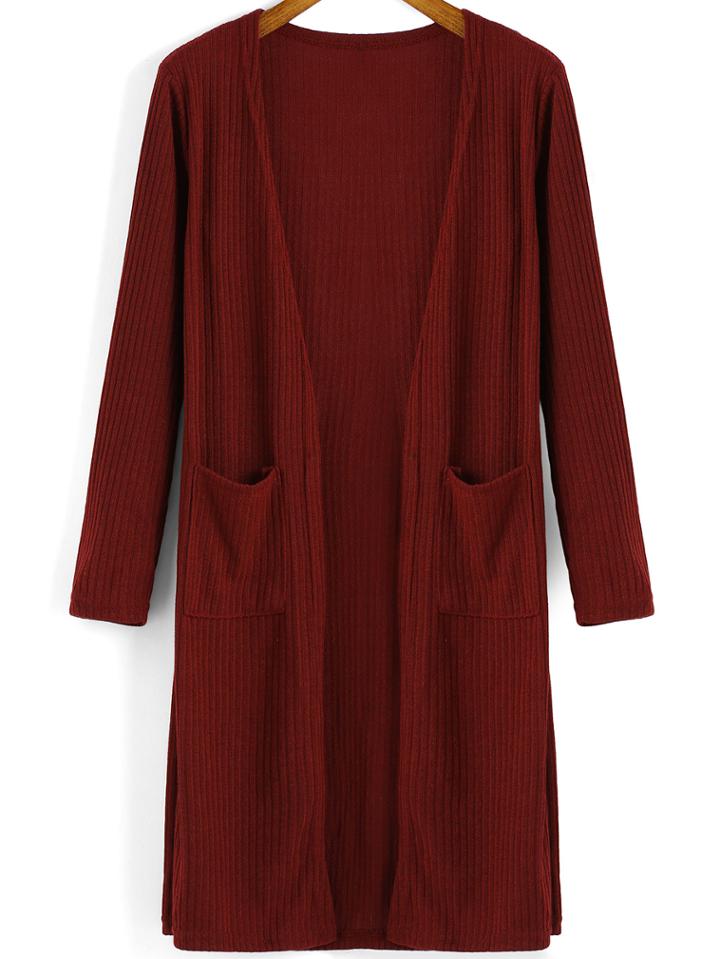 Shein Red Long Sleeve Pockets Knit Cardigan