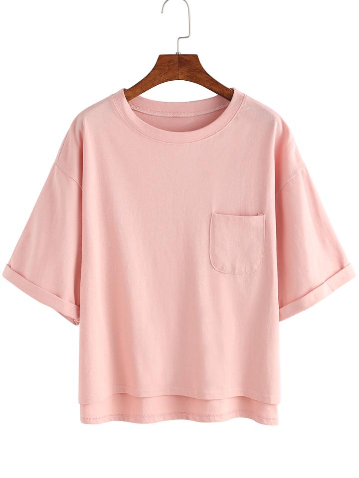 Shein Dip Hem Cuffed T-shirt With Chest Pocket