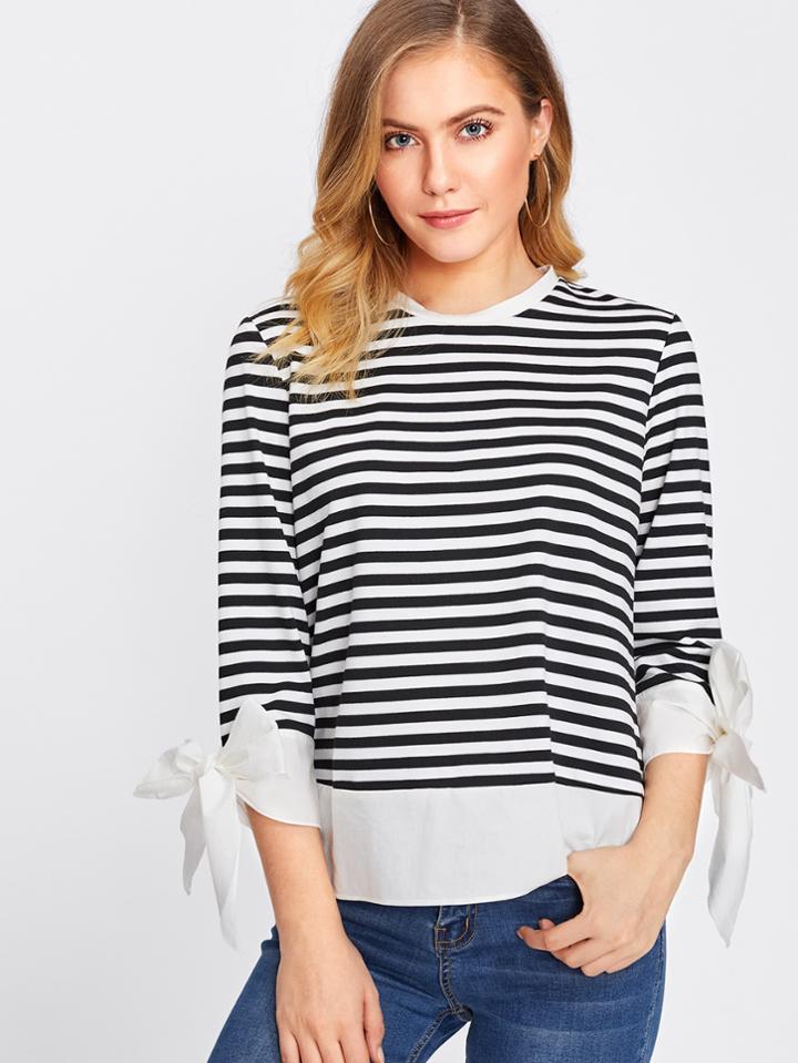 Shein Contrast Curved Hem Bow Cuff Striped Tee