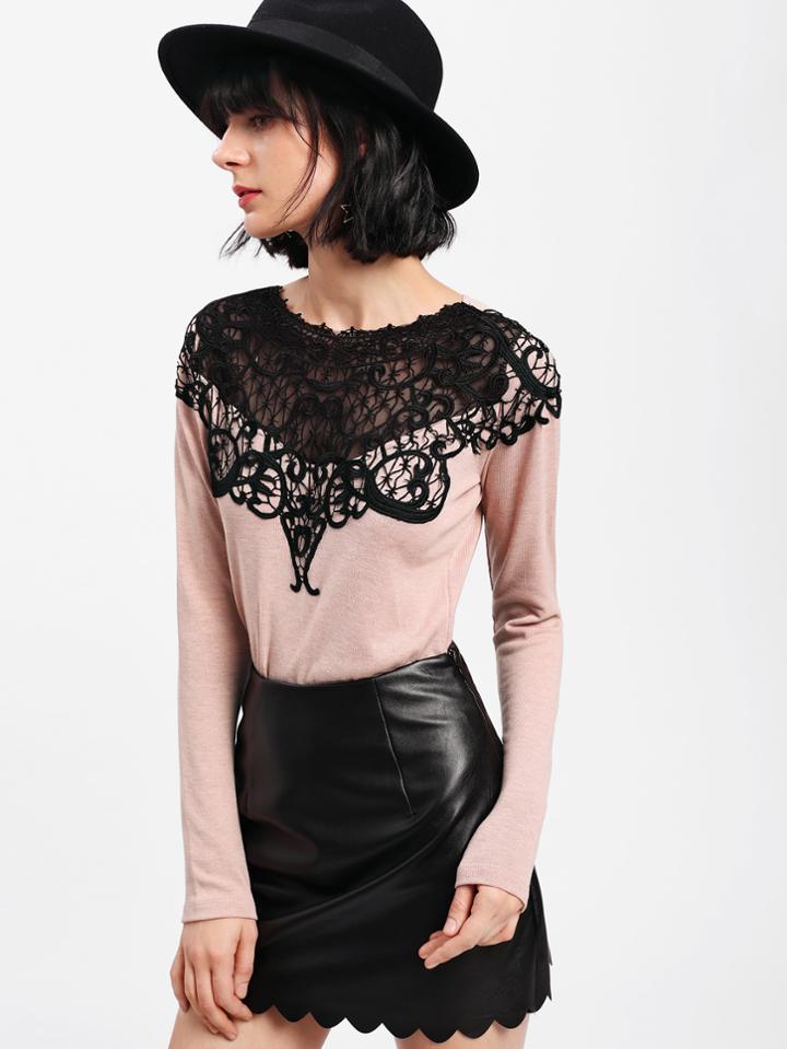 Shein Contrast Lace Applique T-shirt