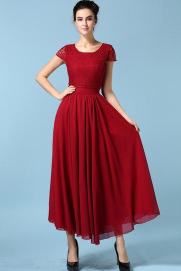 Shein Wine Red Drapery Short Sleeve Lace Chiffon Dress