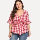 Shein Plus Flounce Sleeve Self Belted Gingham Top