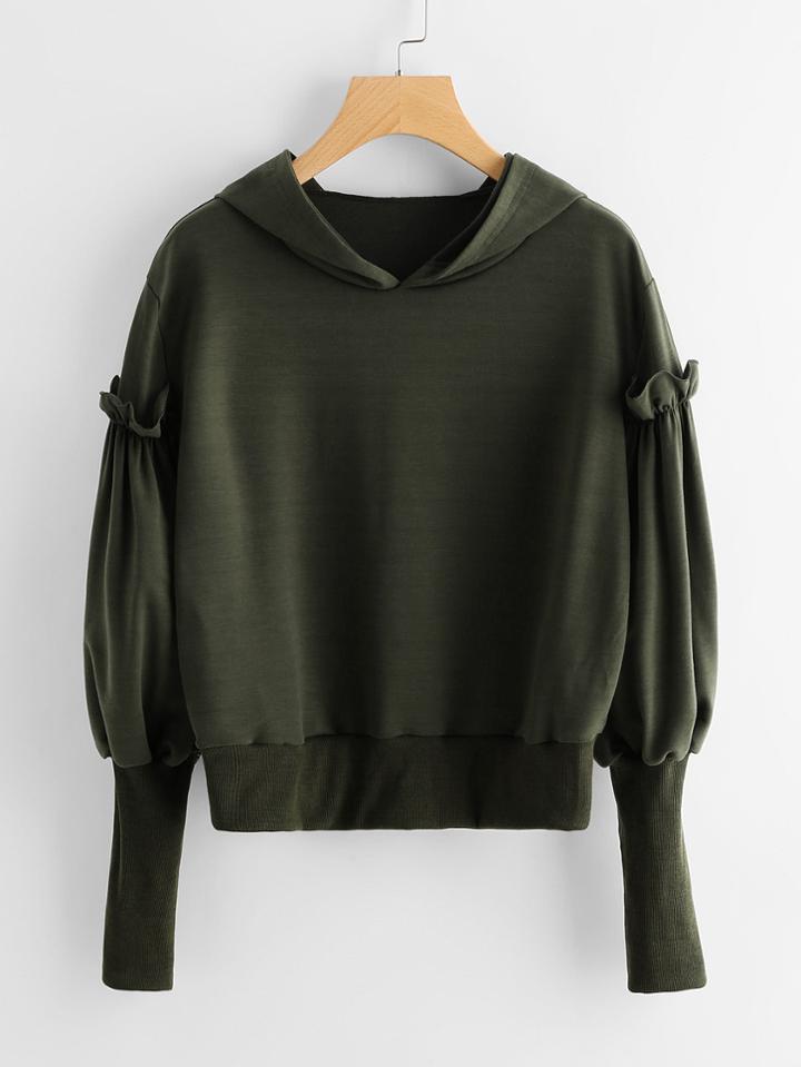 Shein Frill Detail Lantern Sleeve Ribbed Trim Hoodie