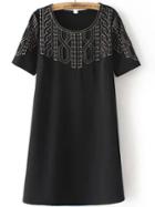 Shein Black Short Sleeve Embroidered A Line Dress