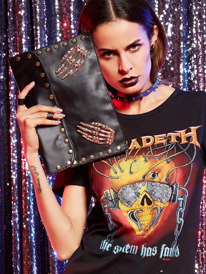 Shein Metal Skeleton Hand Studded Clutch Bag