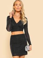 Shein Glitter Plunging Crop Fitted Top & Skirt Set