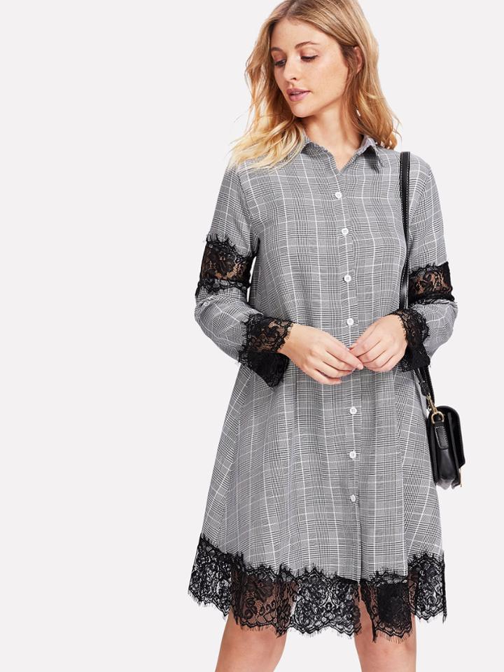 Shein Contrast Eyelash Lace Glen Plaid Shirt Dress
