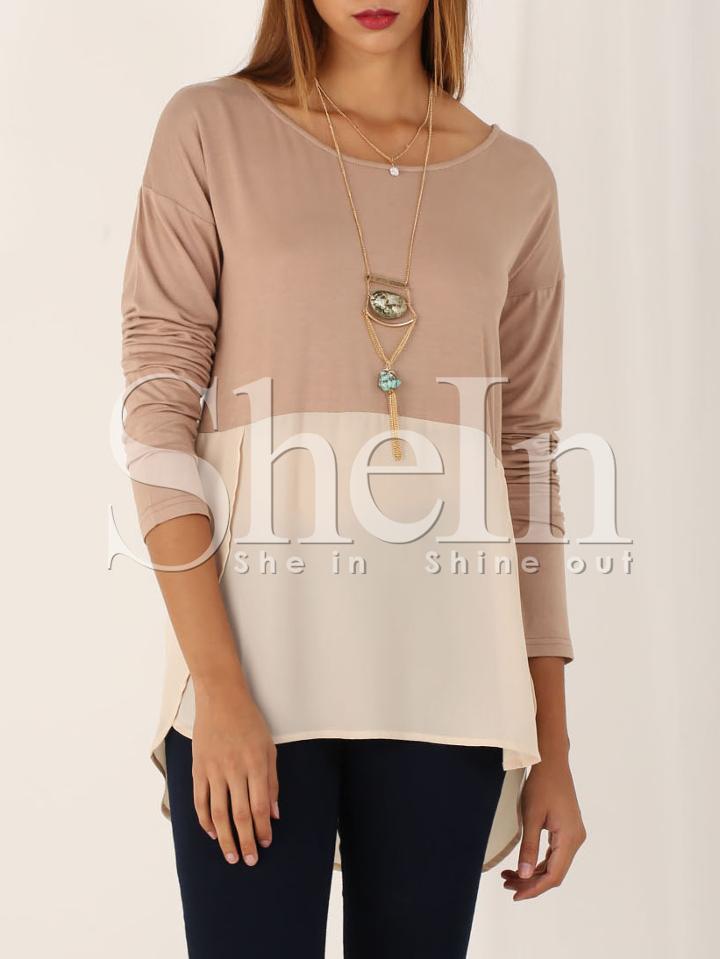 Shein Khaki Apricot Long Sleeve High Low T-shirt