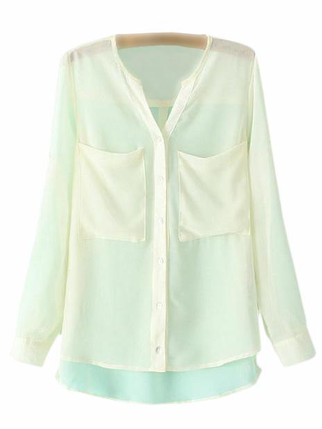Shein White Long Sleeve Buttons Large Pockets Blouse