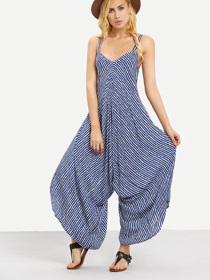 Shein Striped Wide Leg Jumpsuit - Blue