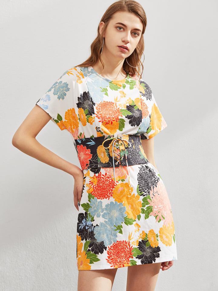 Shein Lace Up Corset Detail Paneled Floral Dress