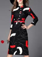 Shein Black Round Neck Length Sleeve Drawstring Print Dress