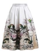 Shein Bird And Branch Print Box Pleated Midi Skirt