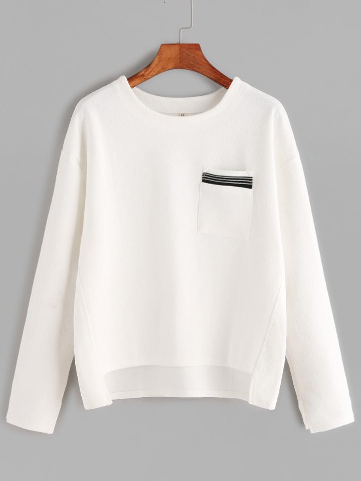 Shein White Striped Trim Pocket High Low T-shirt