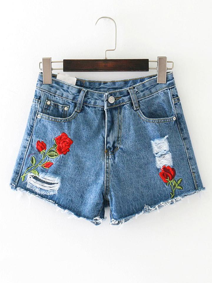 Shein Ripped Raw Hem Embroidery Denim Shorts