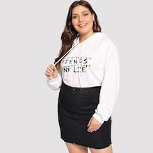 Shein Plus Pompom Detail Letter Print Hoodie