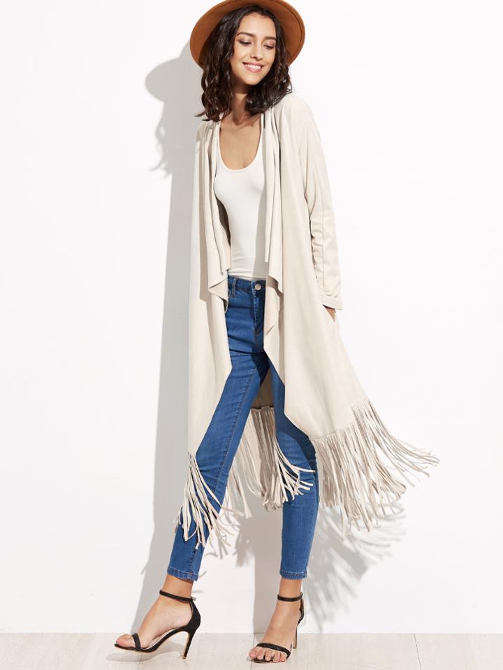 Shein White Suede Waterfall Fringe Coat