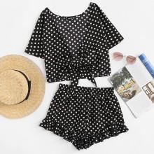 Shein Polka Dot Knot Front Top And Ruffle Hem Shorts Set