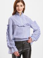 Shein Pinstripe Zip Front Smocked Trim Ruffle Blouse