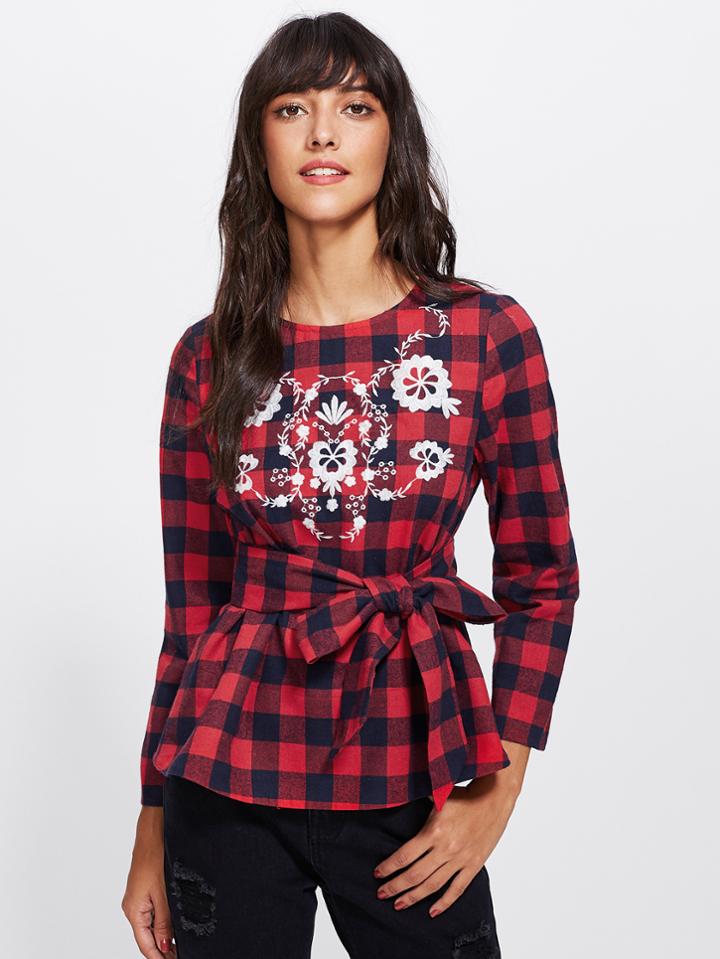 Shein Embroidery Front Self Belted Gingham Blouse