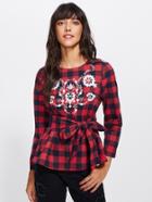Shein Embroidery Front Self Belted Gingham Blouse