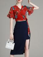 Shein Navy Red Print Top With Split Skirt