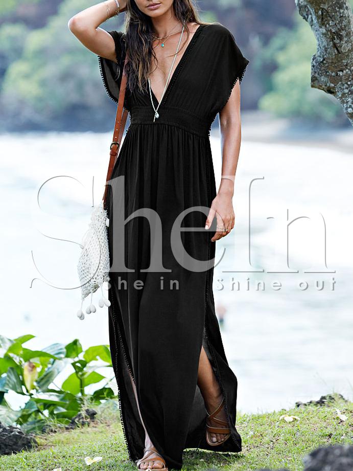 Shein Black Cap Sleeve Deep V Neck Backless Split Maxi Dress