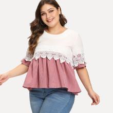 Shein Plus Contrast Lace Ruffle Hem Blouse