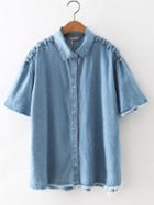 Shein Blue Lapel Button Raw-edge Hem Denim Blouse