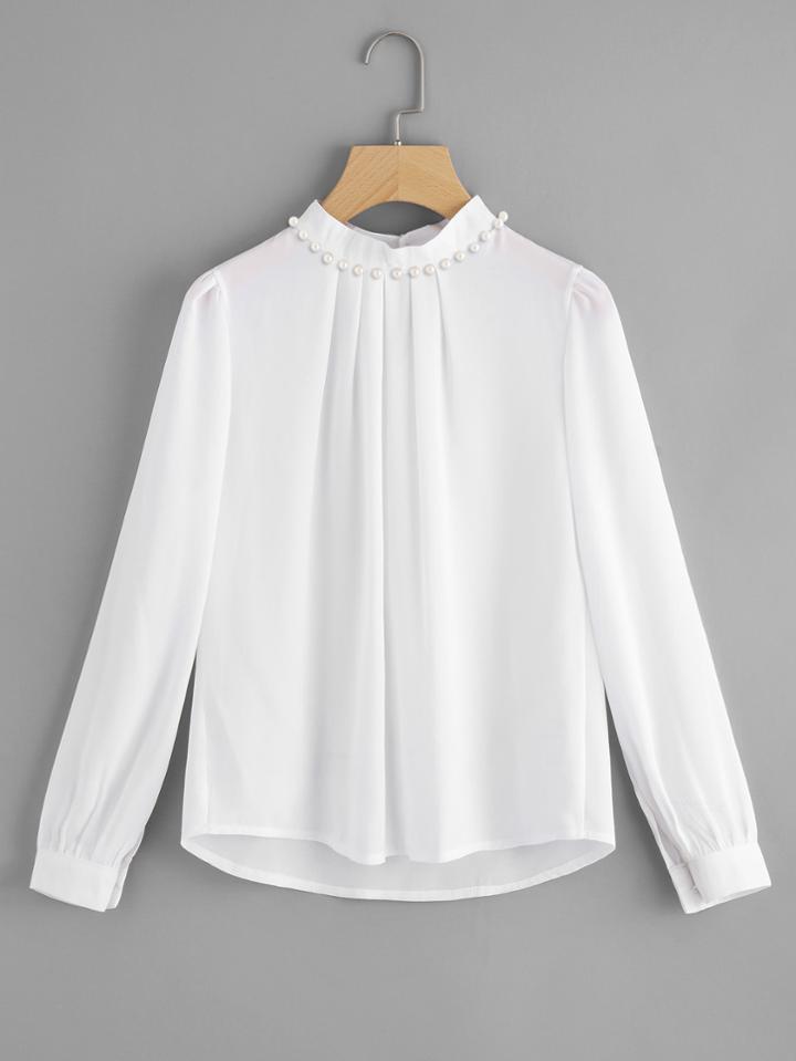 Shein Pearl Beading Keyhole Back Chiffon Blouse