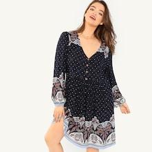 Shein Plus Flower And Dot Print Button Detail Dress