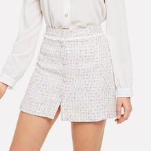 Shein Single Breasted Plaid Fringe Trim Skirt