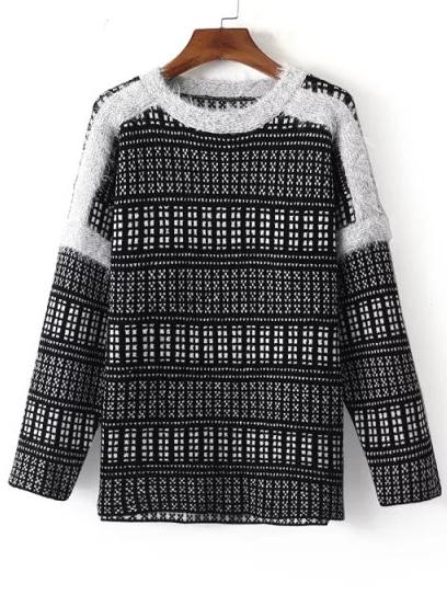 Shein Black Round Neck Plaid Loose Sweater