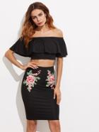 Shein Flounce Bardot Top With Embroidery Applique Skirt