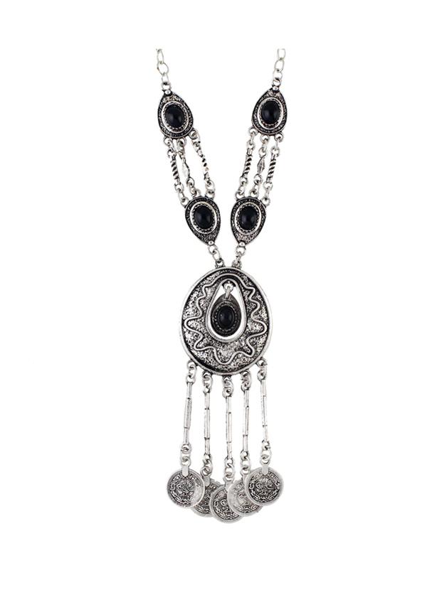 Shein Black Tibetan Style Silver Color Imitation Turquoise Long Statement Necklace