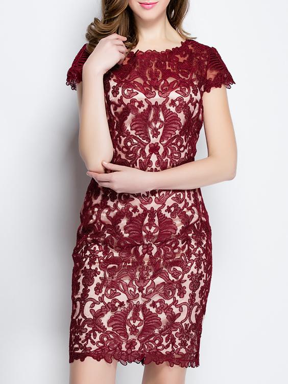 Shein Burgundy Disc Flowers Sheath Dress